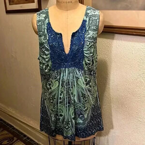 dressbarn Paisley V-Neck Crochet Neck Sleeveless Tunic Top Petite XL